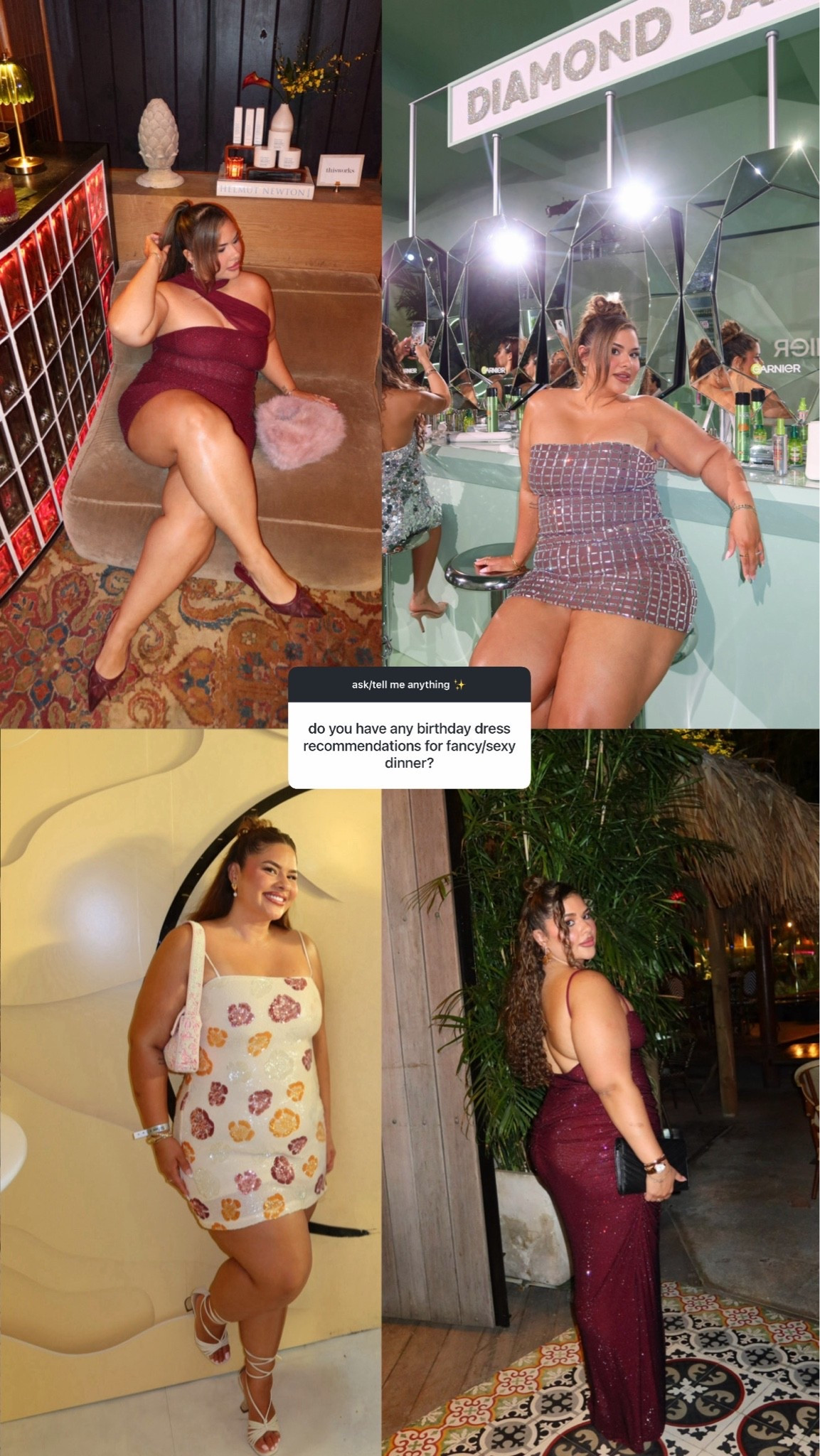 Birthday dress ideas ✨ not exact dresses for 2 found very similiar ones from oh Polly that carry my size 

Starting from the top left wearing size
Burgundy mini dress: XXL￼
Sparkly silver dress: size 14
Flower dress: size XL
Burgundy long dress: 14

#LTKootd #LTKMidsize #LTKPetite