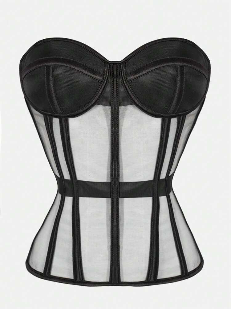 1pc Sheer Mesh Wrap Bustier Top, Sexy Strapless Satin Lace-Up Bodysuit Crop Top, Suitable For Women's Outings/Halloween Party | SHEIN