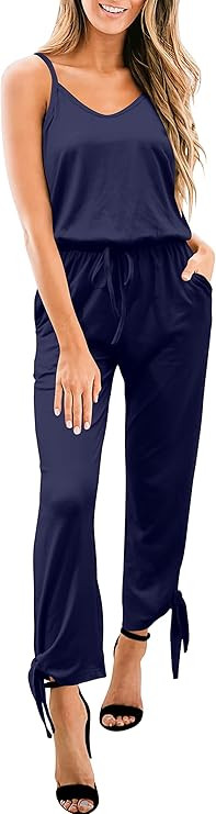 LOGENE Women's Summer Sleeveless Spaghetti Strap Slit Leg Ankle Tie Jumpsuit Romper with Pockets | Amazon (US)