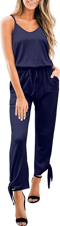 LOGENE Women's Summer Sleeveless Spaghetti Strap Slit Leg Ankle Tie Jumpsuit Romper with Pockets | Amazon (US)