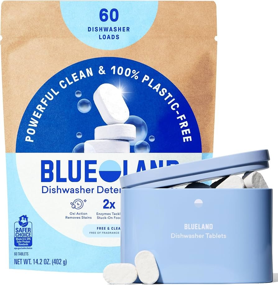 BLUELAND 100% Plastic-Free Dishwasher Detergent Tablets, Starter Set, 60 Count with tin, Free & C... | Amazon (US)