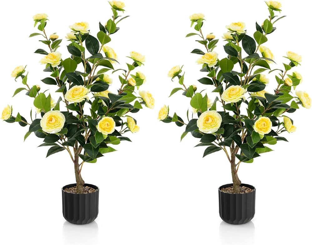 Goplus 38’’ Artificial Camellia Tree, 2 Pack Flower Plants Artificial Tree, Faux Floral Plant... | Amazon (US)