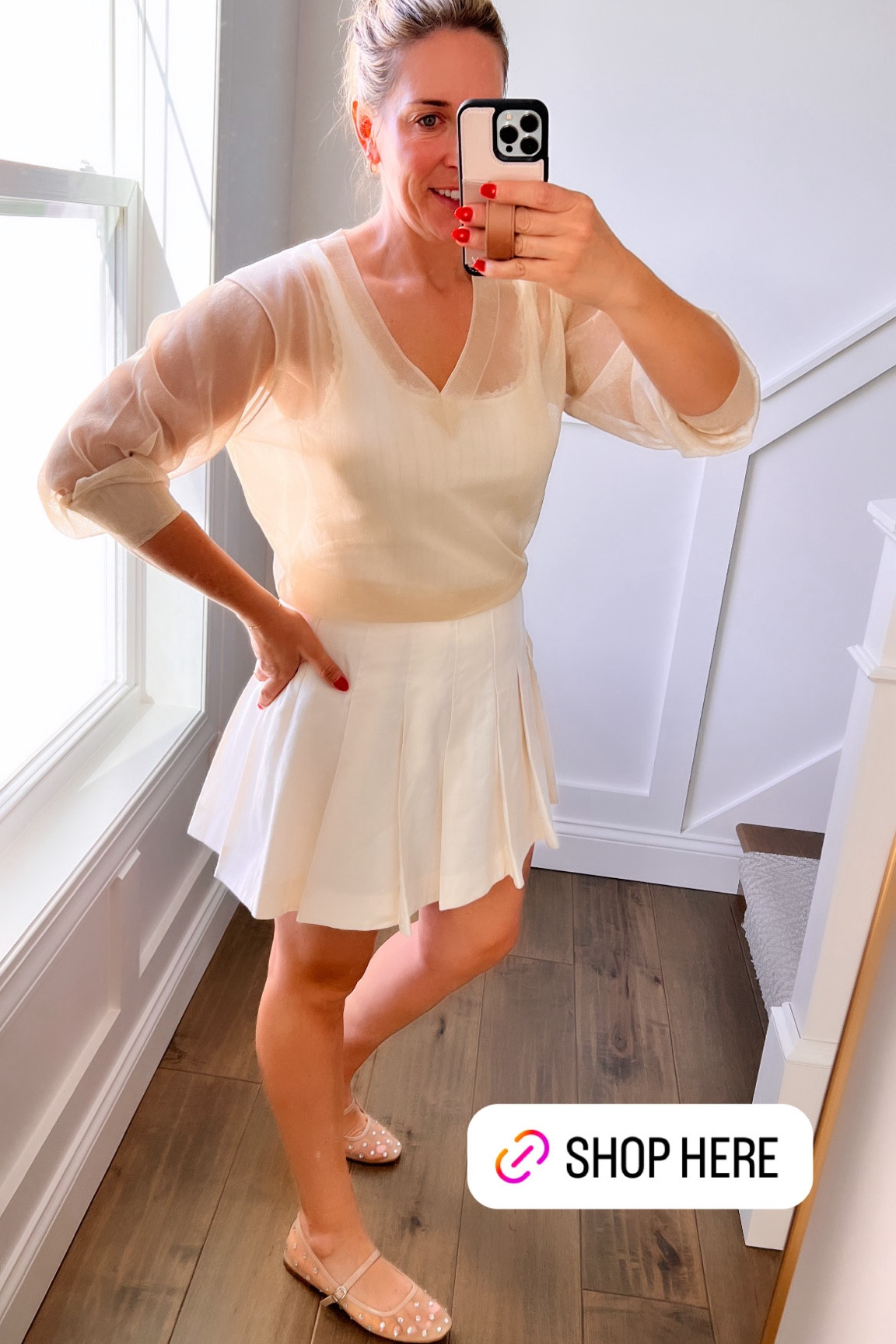JCrew summer outfit 

Sheer sweater
Cream tank top
Linen tennis skirt
Mesh ballet flats



#LTKOver40 #LTKTravel #LTKStyleTip