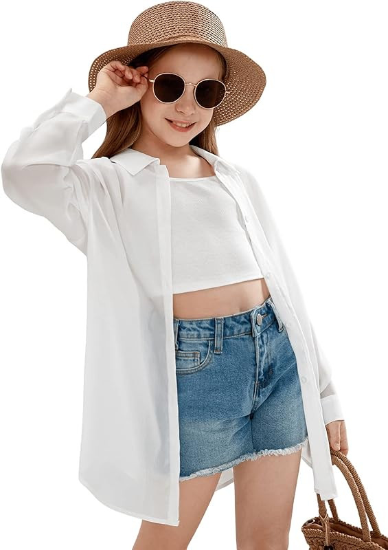 SweatyRocks Girl's Casual Long Sleeve Button Down Shirt Drop Shoulder Summer Blouse Top | Amazon (US)
