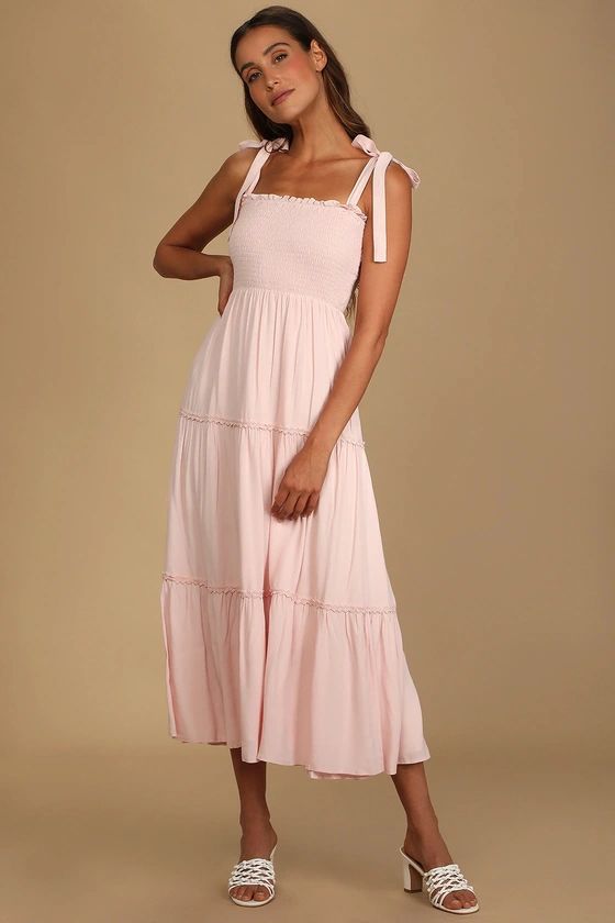 This Fine Feeling Light Pink Smocked Tie-Strap Maxi Dress | Lulus (US)