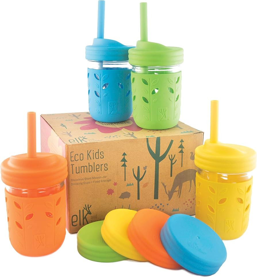 Elk and Friends Kids & Toddler Cups | The Original Glass Mason jars 8 oz with Silicone Sleeves & ... | Amazon (US)