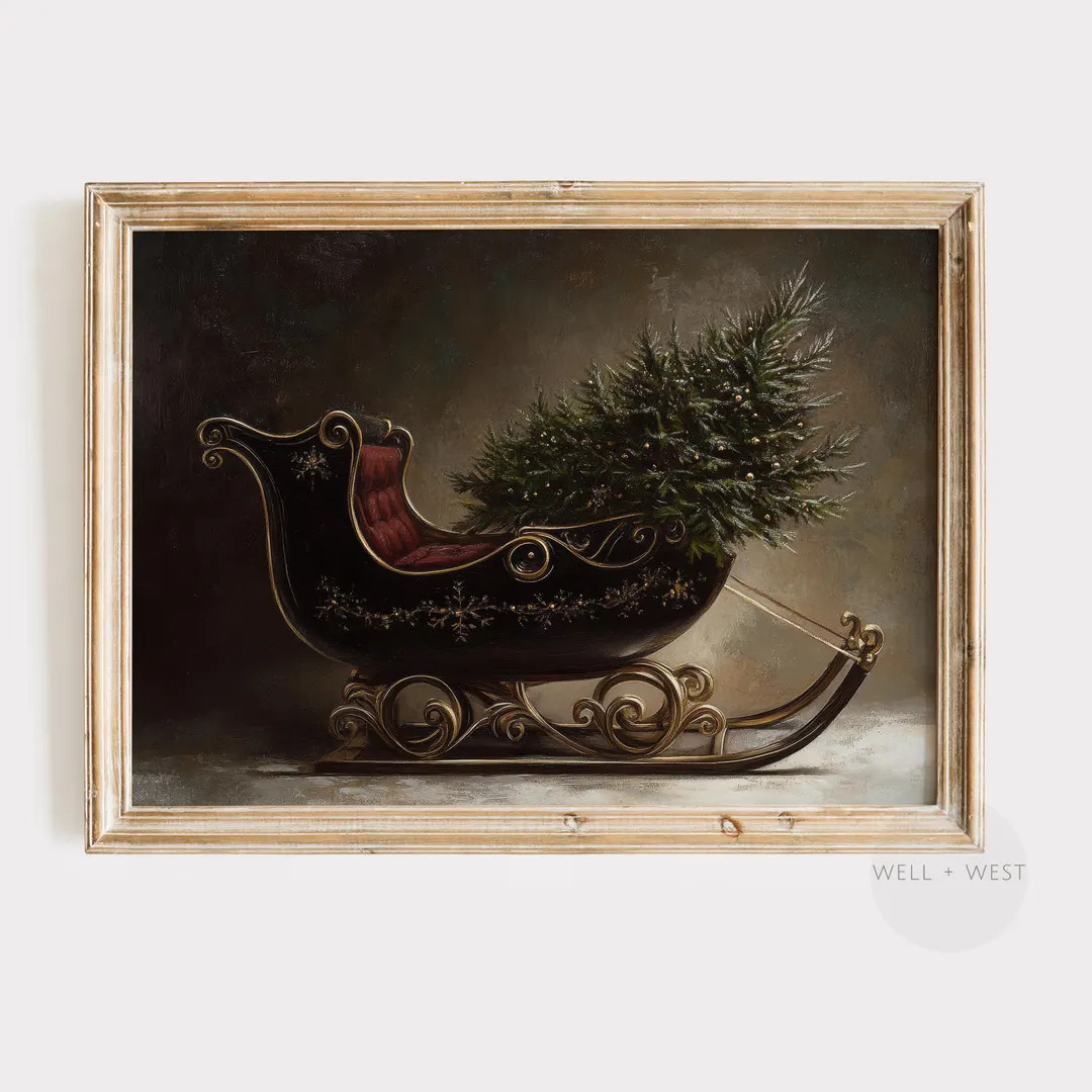 Christmas Wall Art Moody Santa's Sleigh Print Winter Holiday Printable Wall Art Vintage Sleigh Pa... | Etsy (US)