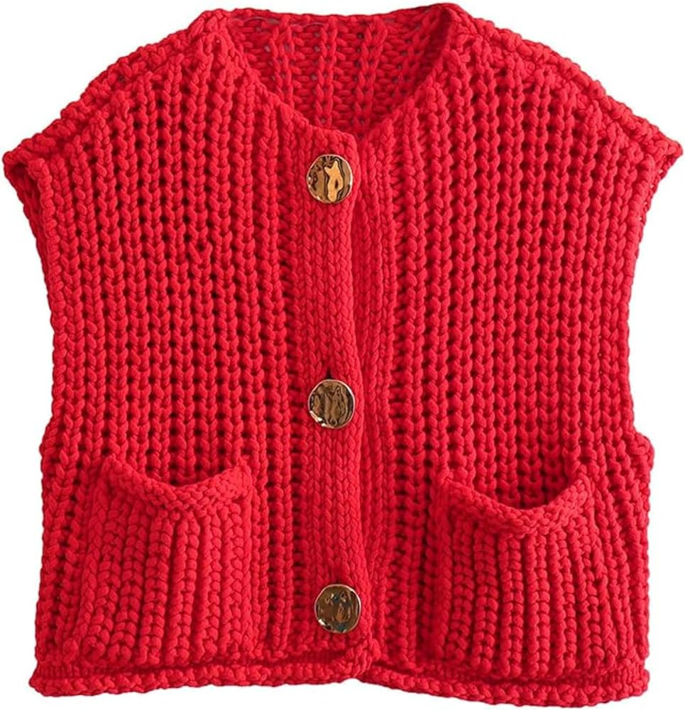 Women's Chunky Knit Vest Button Down Casual Sleeveless Cropped Crochet Sweater Cardigan with Pock... | Amazon (US)