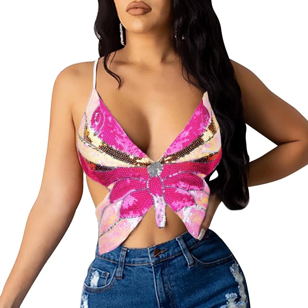 PrettyGuide Women's Glitter Sequin Butterfly Top Sexy Halter Lace-up Y2k Rave Crop Tank Vest Tops | Amazon (US)