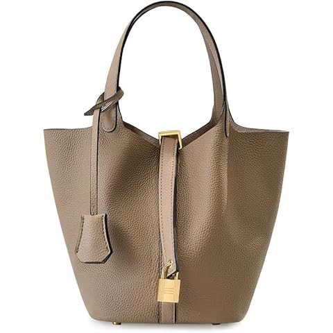 Genuine Leather Lock Design Bucket Bag Vegetable Basket, Fashionable and Versatile Shoulder Handb... | Amazon (US)