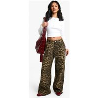 boohoo Women's Petite Faded Denim Leopard Print Wide Leg Jean in Animal | Size: 6 | Denim/Cotton | boohoo (US & Canada)