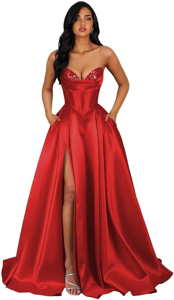 Strapless Sequin Prom Dresses Long with Slit Corset Satin Formal Party Dress AS015 | Amazon (US)