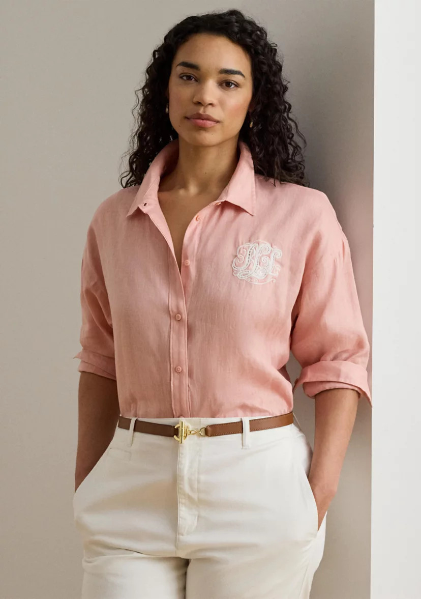 Women's Relaxed Fit Eyelet-Logo Linen Shirt | Belk