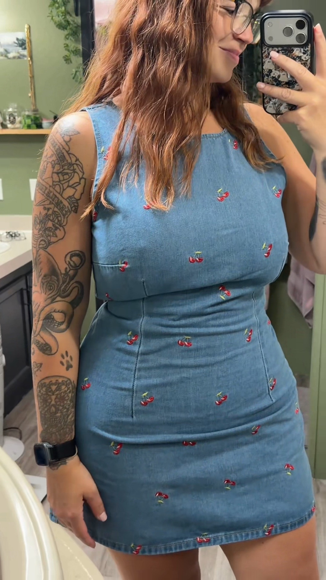 Cherry denim dress. Zip back with tie in back. So so cute for upcoming Fourth of July or country concerts, etc. #denimdress #cherry #americana #fourthofjuly #midsize #countryconcert #concertoutfit

#LTKootd #LTKMidsize #LTKgrwm