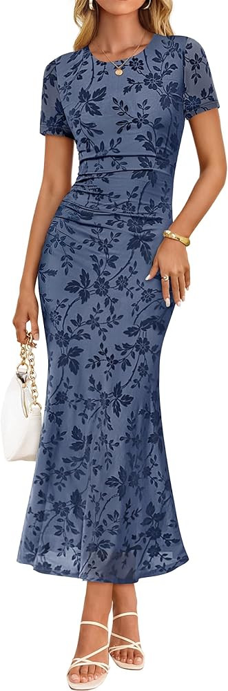 ZESICA Women's Summer Short Sleeve Floral Bodycon Dress 2026 Ruched Mesh Wedding Guest Cocktail P... | Amazon (US)