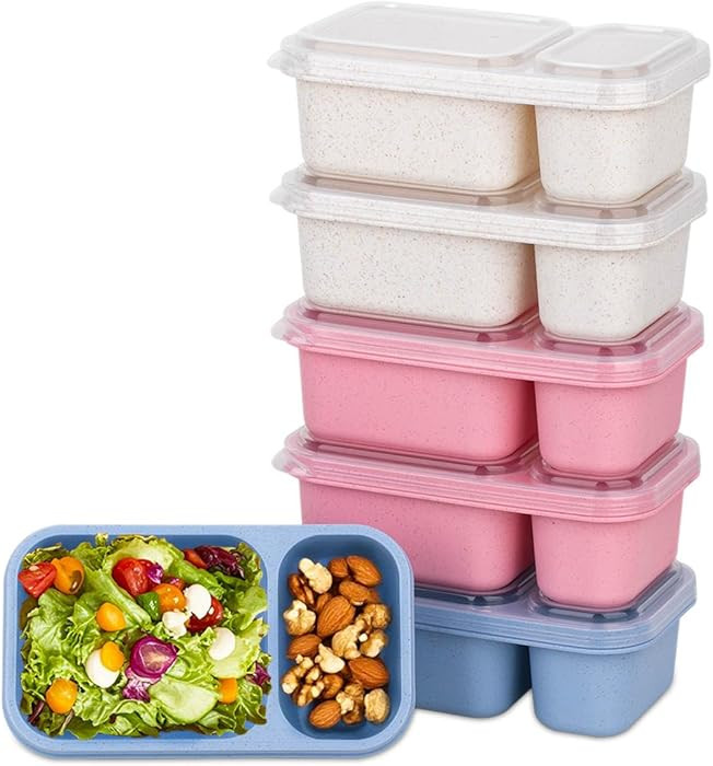 6Pack 2-Compartment Reusable Snack Containers with Lids, Wheat Straw Reusable Snack Packs for Mea... | Amazon (US)