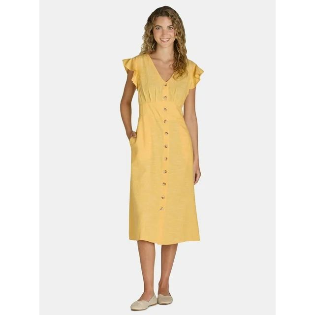 Time and Tru Women's and Women's Plus Midi Dress with Flutter Sleeves, Sizes XS-4X | Walmart (US)