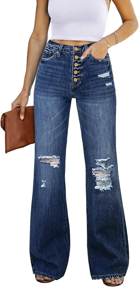Utyful Women's High Waist Relaxed Fit Ripped Jeans Stretchy Flare Jeans Denim Pants | Amazon (US)