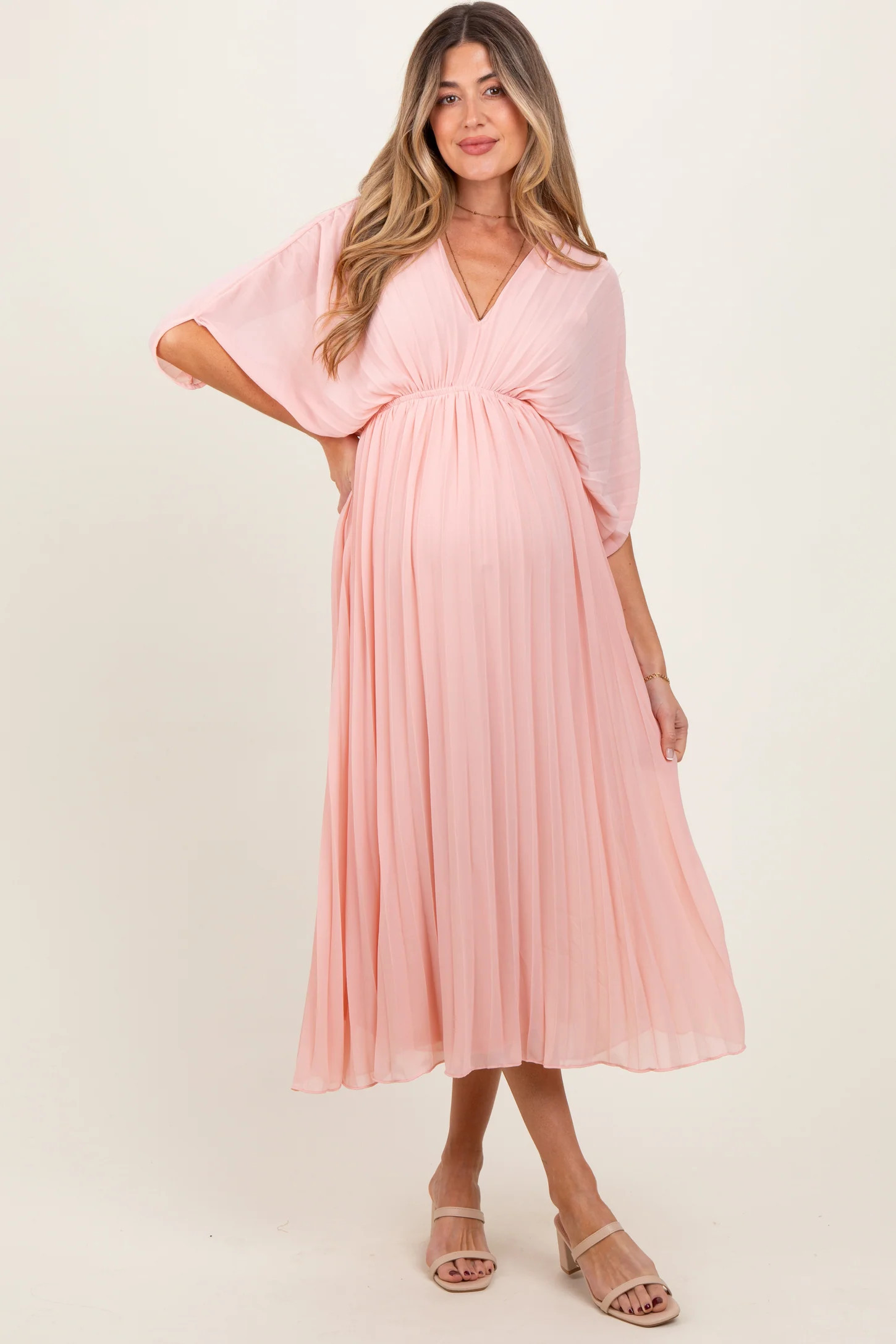 Light Pink Pleated V Neck Maternity Maxi Dress | PinkBlush Maternity