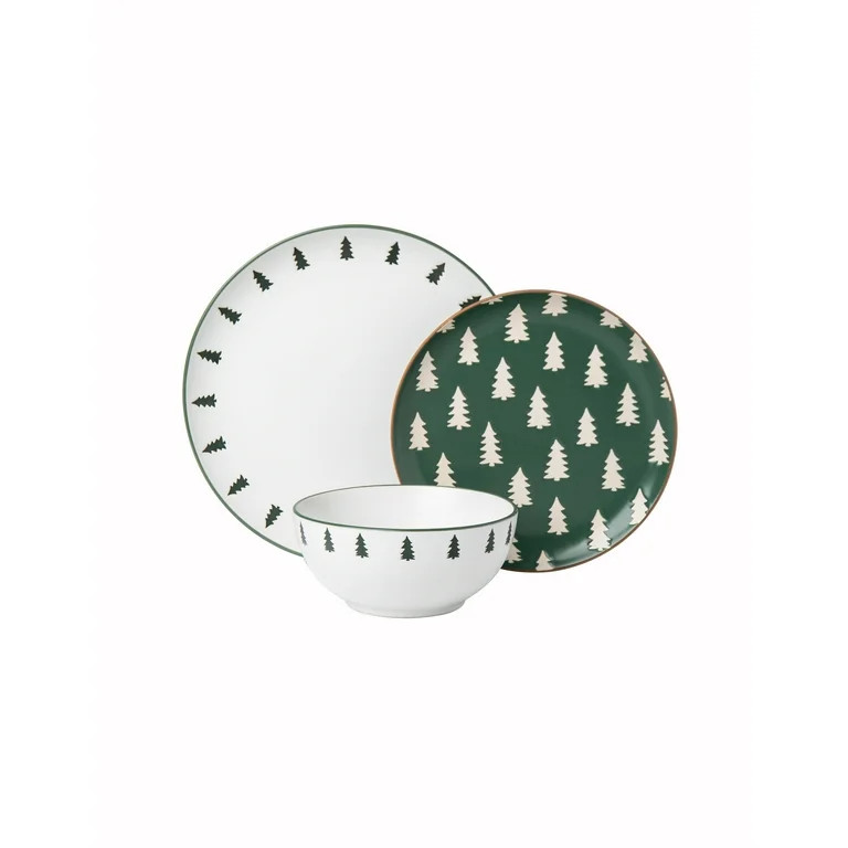 Holiday Time 12 Piece Ceramic Dinnerware Set in Trees Pattern | Walmart (US)