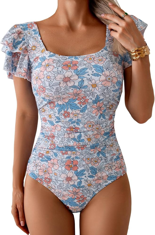 Eomenie Women's Tummy Control One Piece Swimsuit Ruffle Square Neck Bathing Suit Ruched Cutout Ba... | Amazon (US)