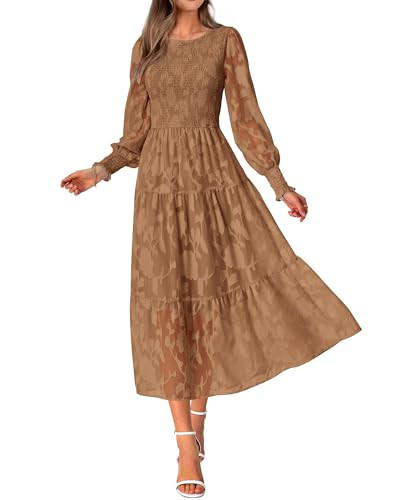 BTFBM Wedding Guest Dresses for Women Fall Fashion 2025 Casual Long Sleeve Floral Maxi Boho Homecoming Dress(Coffee,Small) | Amazon (US)