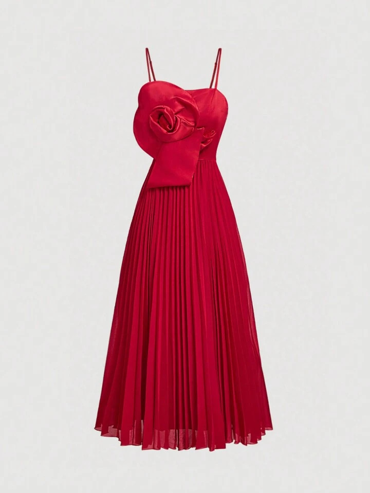 SHEIN MOD Red 3D Floral Pleated Maxi Cami Dress,Prom Dress,Party Dress,Wedding Women Dresses,Hall... | SHEIN