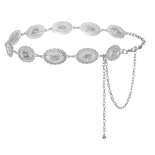 Women Silver Western Concho Chain Belt Boho Metal Western Cowgirl Chain Belt for Dress Adjustable | Amazon (US)