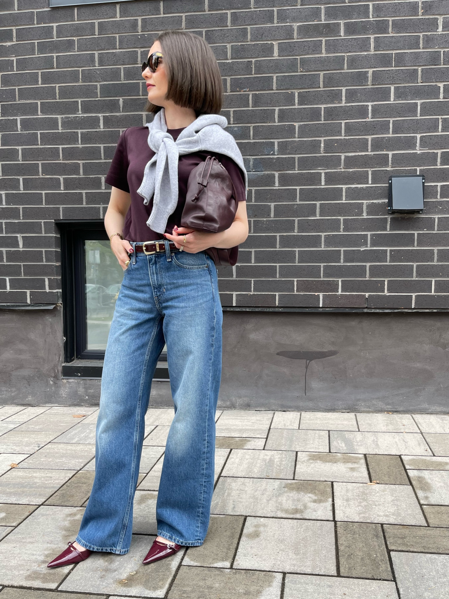 COS t-shirt (s), Banana Republic Wide leg jeans (25 regular), burgundy heels, Aritzia grey cardigan (xs), burgundy bag

#LTKStyleTip #LTKFindsUnder100 #LTKSeasonal
