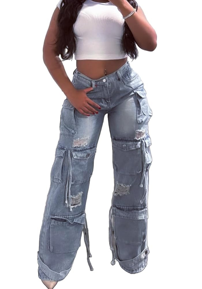 Vaceky Denim Baggy Jeans Women Straight Leg Y2K Distressed Cargo Joggers with Pockets | Amazon (US)