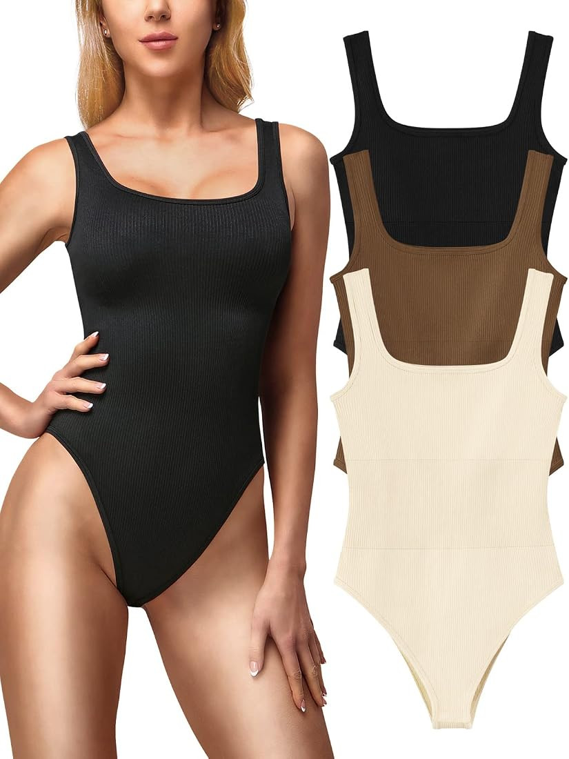 Ribbed Seamless Bodysuit for Women, Sleeveless Shapewear Tank Top for Tummy Control, Sexy Body Sc... | Amazon (US)