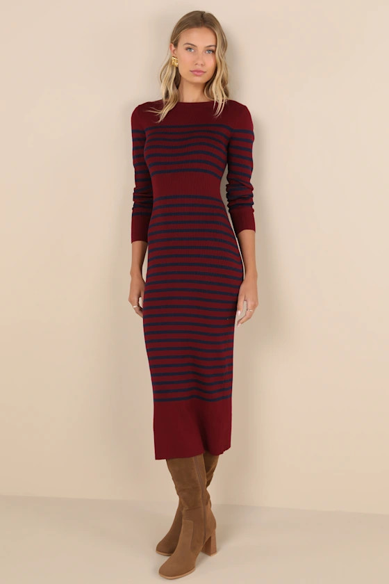Effortlessly Ready Burgundy Striped Sweater Dress Striped Dress Wine Dress Burgundy Dress Red Outfit | Lulus