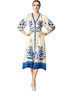 Women's 2026 Shirt Collar | V-Neck Collar Floral Dress Blue-and-White Porcelain Long-Sleeve Print... | Amazon (US)