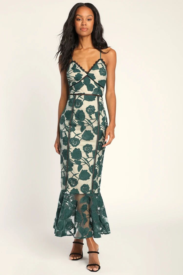 Alluring Dream Emerald Green Floral Mesh Lace Trumpet Midi Dress | Lulus (US)