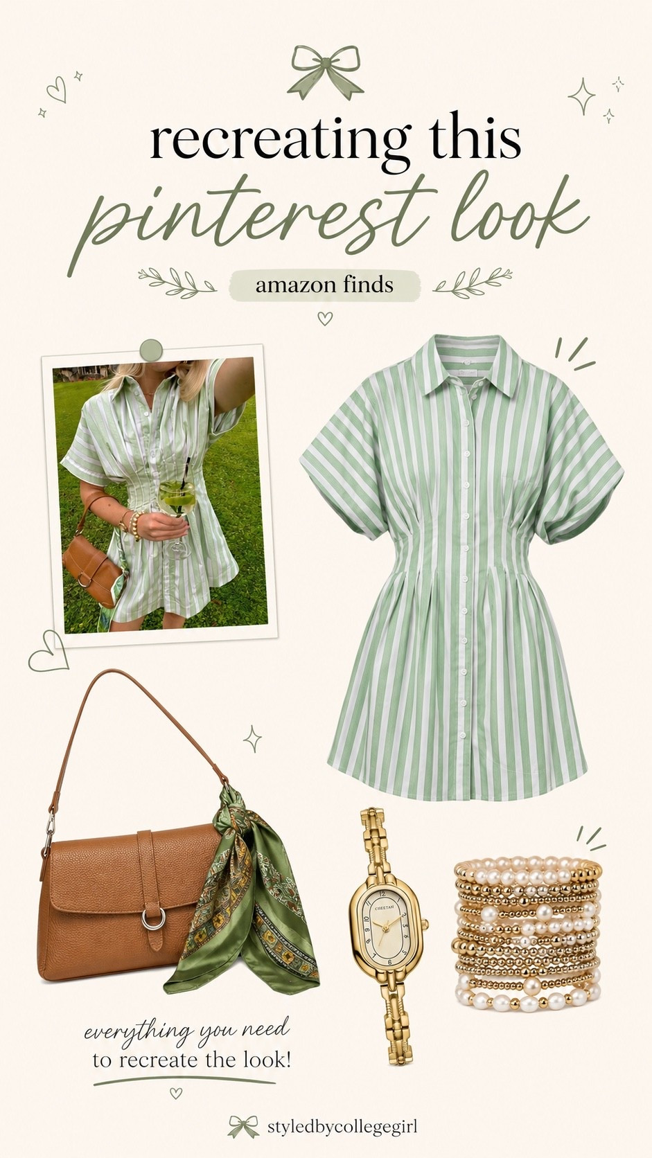 Recreating this Pinterest look with Amazon finds 🌿✨

the cutest green striped dress, tan shoulder bag, scarf detail, gold watch, and bracelet stack for a classy summer outfit. Perfect for vacation, brunch, lunch dates, church, or a cute everyday look 🤍

Comment “green look” for the links — everything is linked in my LTK 🫶🏼

#amazonfinds #amazonfashion #ltkfinds #pinterestoutfit #recreatingpinterestoutfits #summeroutfit #greenoutfit #stripeddress #amazonoutfit #classyoutfit #vacationoutfit #brunchoutfit #summerfashion #styledbycollegegirl

#LTKdayinmylife #LTKootd #LTKSeasonal