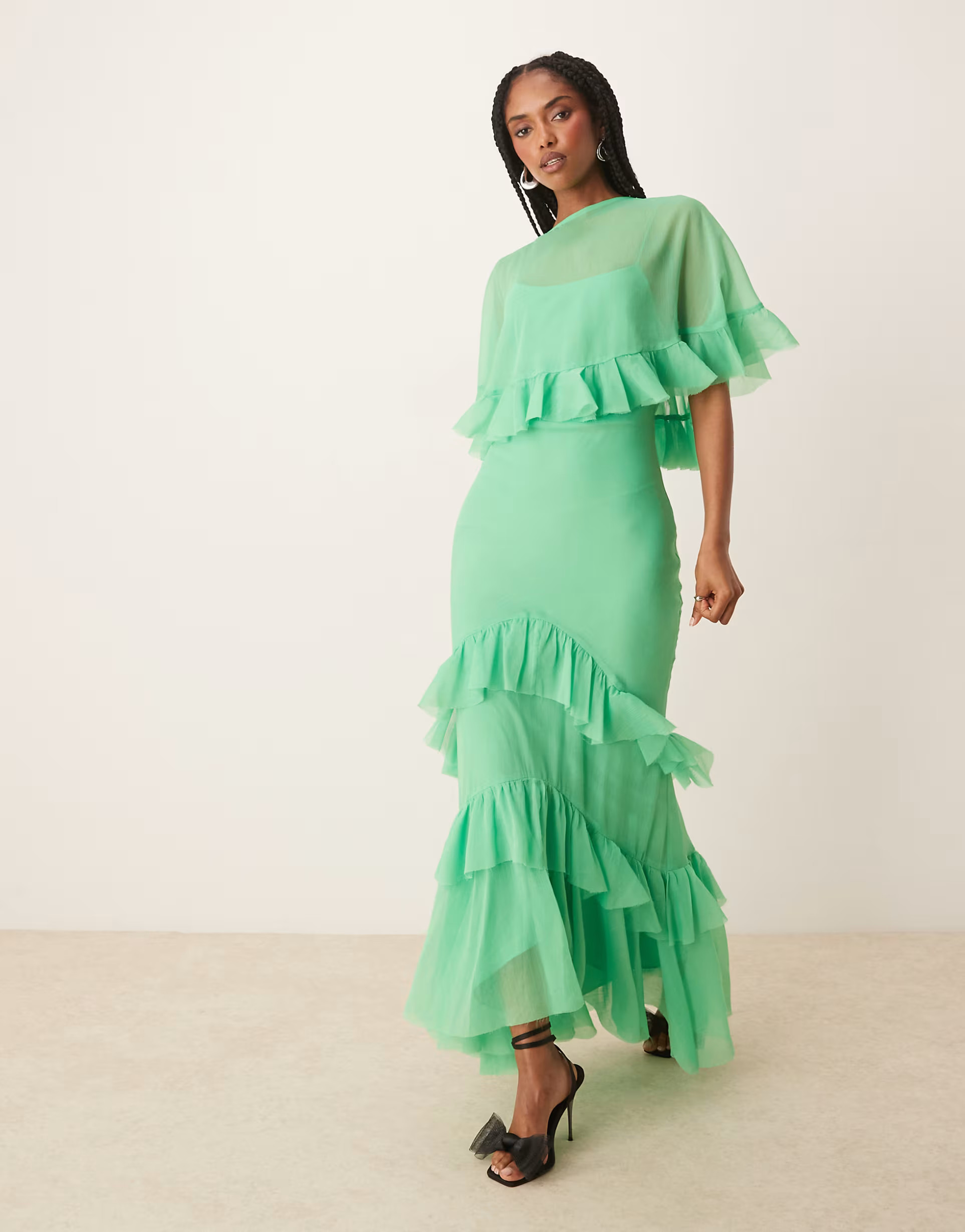 ASOS DESIGN cape overlay ruffle bias maxi dress in bright green | ASOS (Global)
