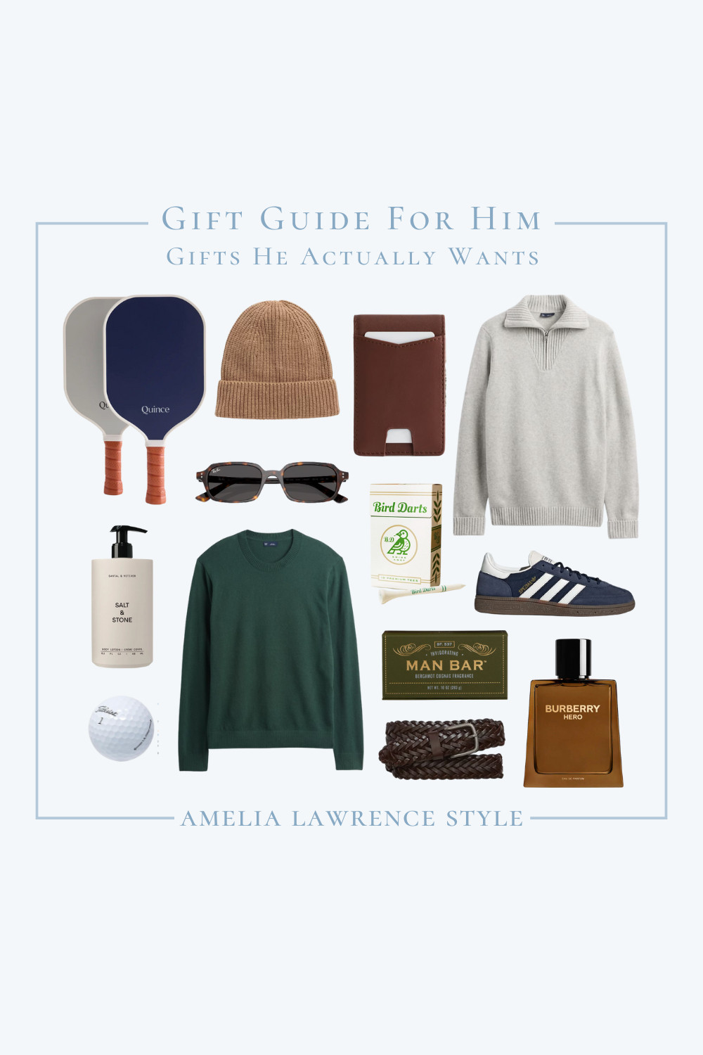 Gift guide for him. Gifts he actually wants. Pickleball paddle, soap, lotion, golf ball, golf tee, golf accessories, leather wallet, sunglasses, sweater, quarter zip, bar soap, leather belt, adidas, sneakers, men's sneakers, cologne, Christmas gift, happy holidays, holiday, thanksgiving.  

 #LTKGiftGuide #LTKHoliday #LTKSeasonal