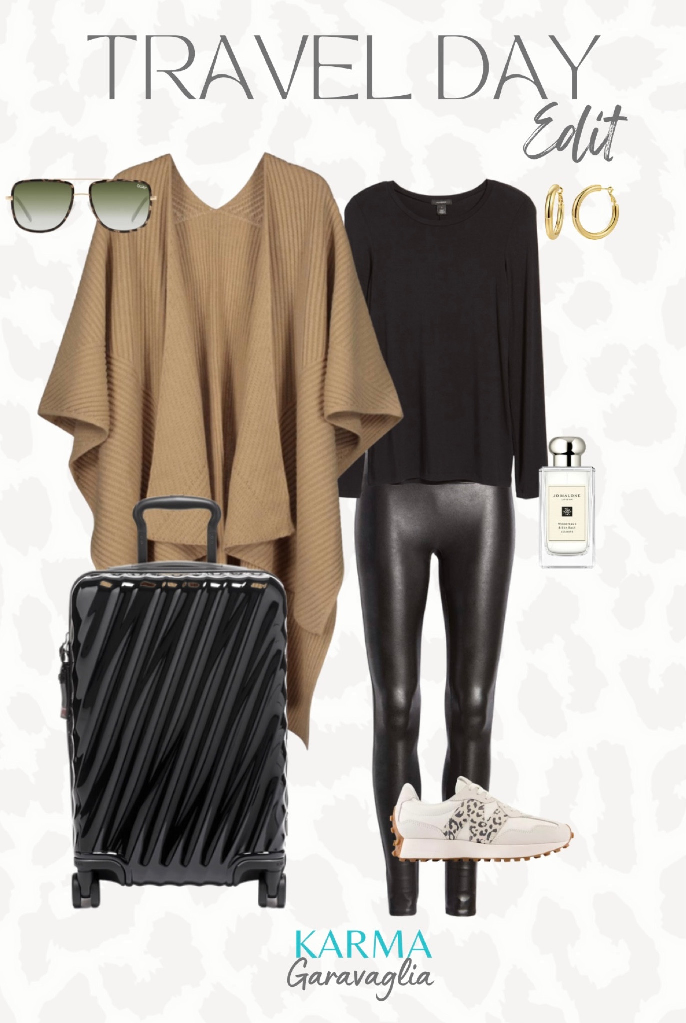 Travel outfit, Airport outfit, Ruana, travelling rib Ruana, AllSaints, black tee, faux leather leggings, leggings, Athleisure, gold hoop earrings, gold hoops, fragrance, Jo Malone, Jo Malone bestseller, Quay sunglasses, Quay bestsellers, luggage, Tumi, New Balance sneakers, sneakers 

Follow me for more fashion finds, beauty faves, lifestyle, home decor, sales and more! So glad you’re here!! XO!!

#LTKstyletip #LTKunder100 #LTKtravel