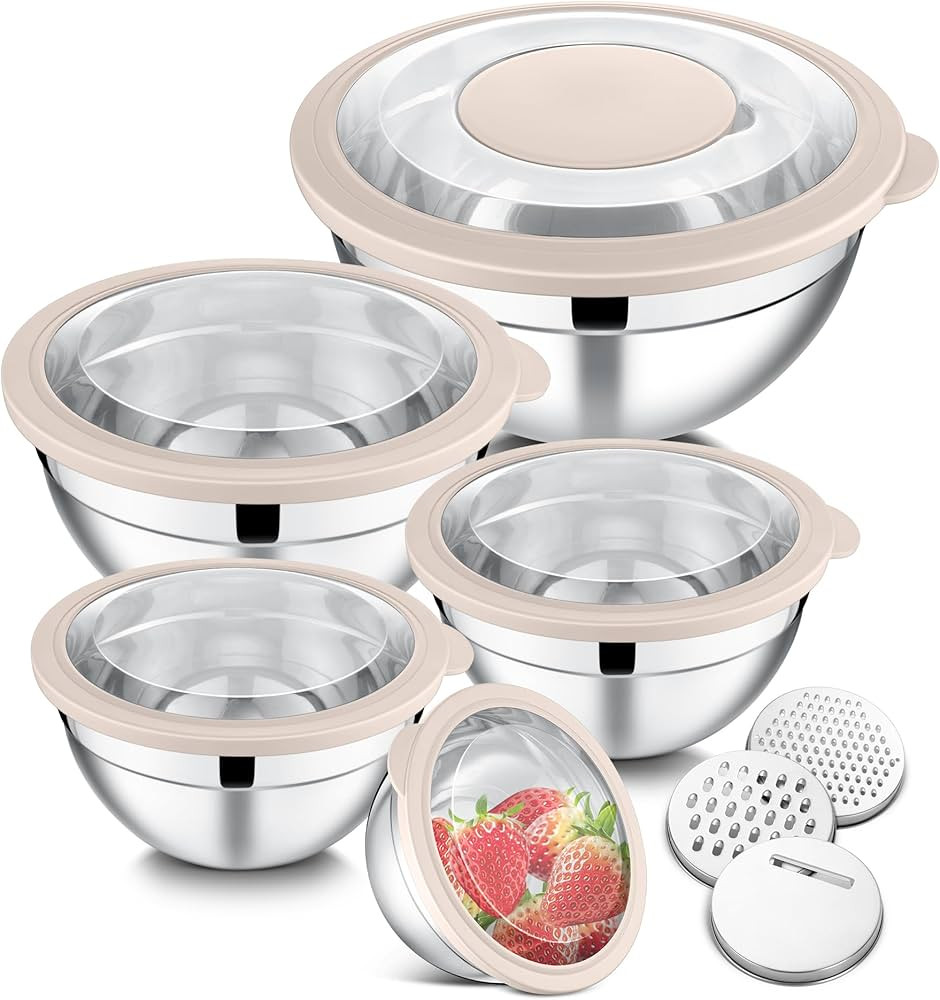 E-far Mixing Bowls Set of 5, Stainless Steel Salad Mixing Bowl with Transparent Lid, Metal Nestin... | Amazon (US)