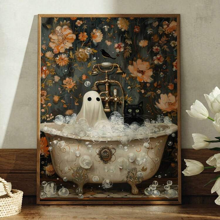 1pc Ghost And Cat In Bathtub, Spooky Bubblebath Halloween Art, Black Cat Canvas Posters, Whimsigoth Bathroom Decor, Canvas Posters, Canvas Wall Decor For Home, Living Room, Bed Room,Wall Art ,Halloween Decor Home Decor Fall Decor | SHEIN