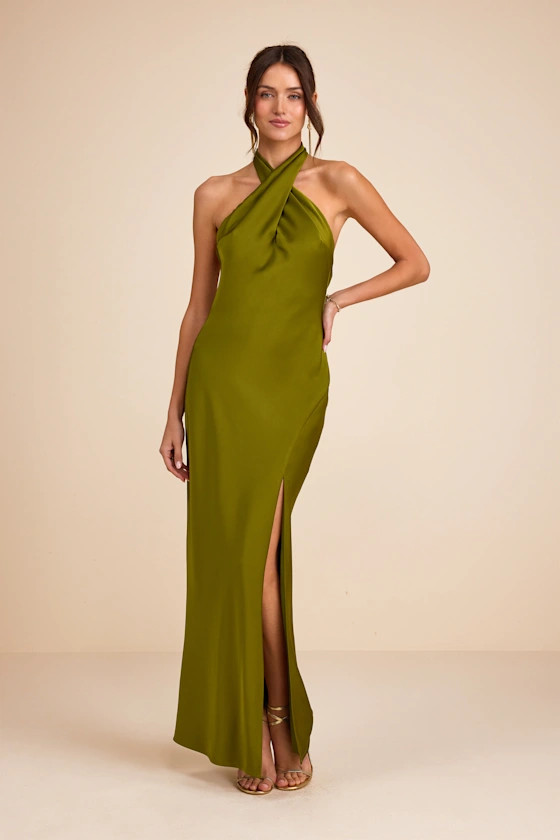 Daney Olive Green Satin Cross-Front Halter Maxi Dress | Lulus