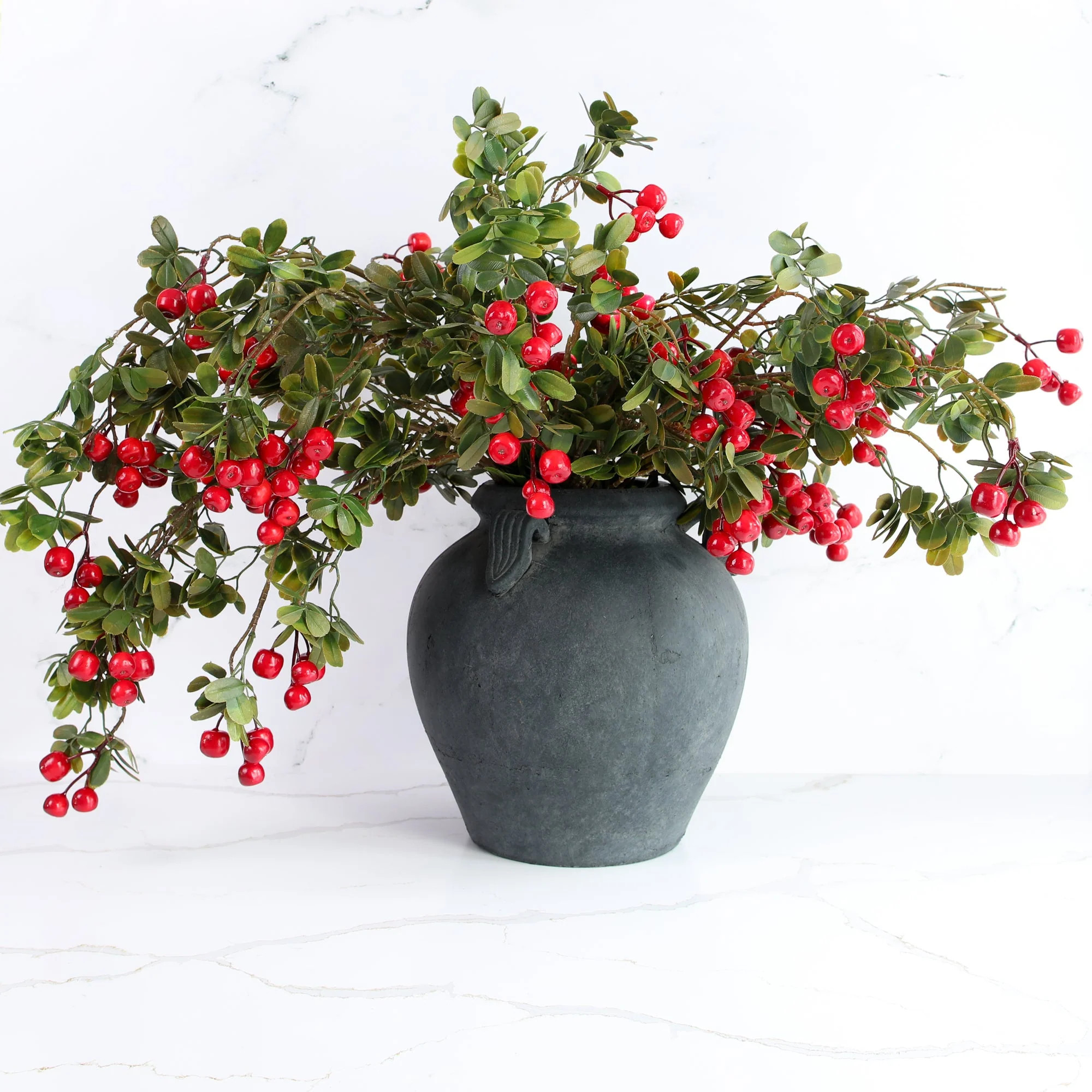 ARRANGEMENT: Red Christmas Berry Sprays in Charcoal Pot | Interior Delights