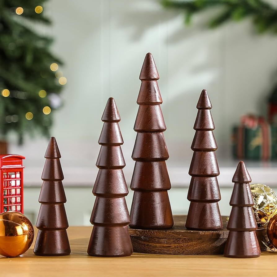 Pinkunn 5 Pieces Wooden Christmas Tree Table Decoration Vintage Xmas Tabletop Centerpieces Farmho... | Amazon (US)