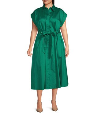 Plus Size Cotton Sateen Collared Neck Short Sleeve Tie Sash Belt Midi Shirt Dress | Dillard's
