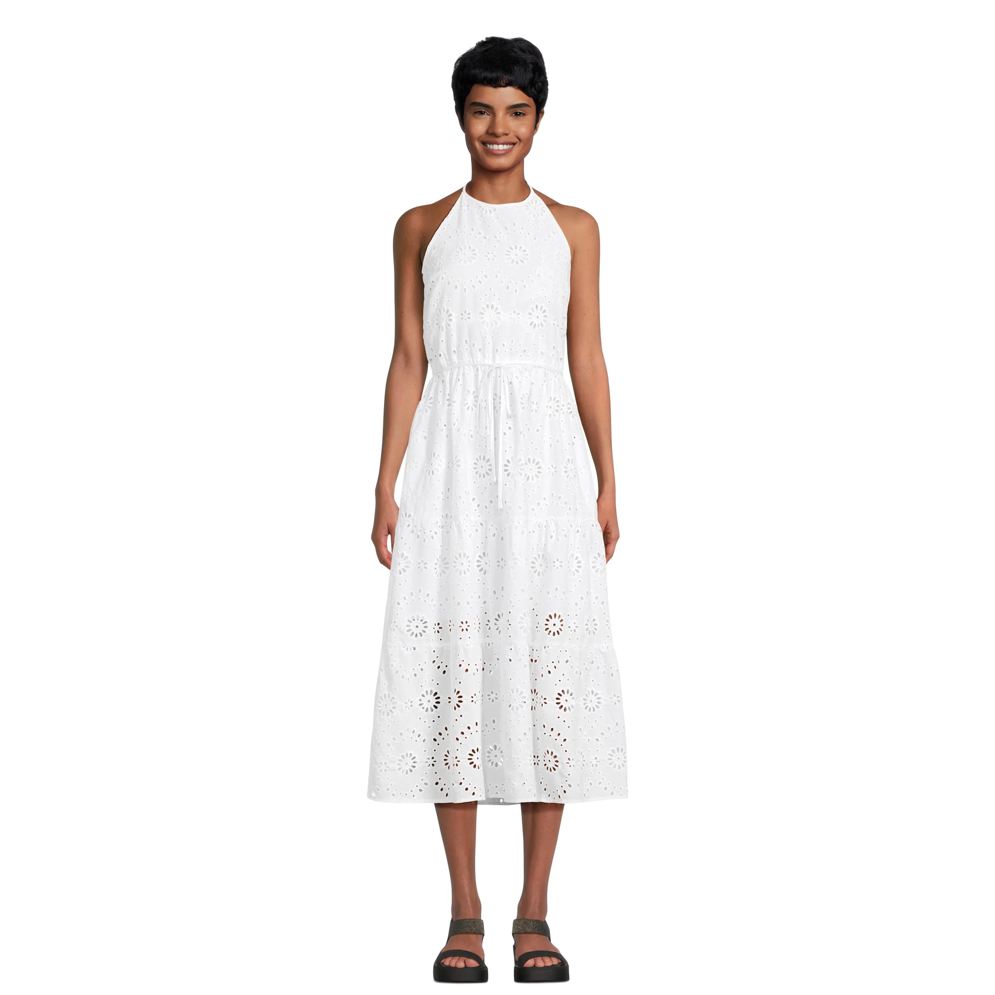 Time and Tru Women's Eyelet Halter Midi Dress with Tiered Skirt, Sizes XS-XXXL | Walmart (US)
