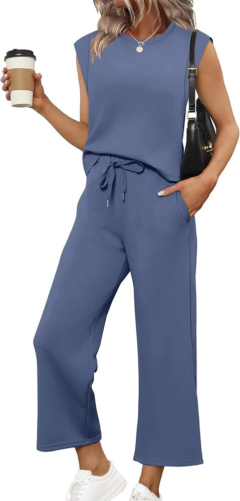 SAMPEEL Two Piece Sets for Women Casual Travel Vacation Outfits Summer Wide Leg Crop Pants Lounge... | Amazon (US)