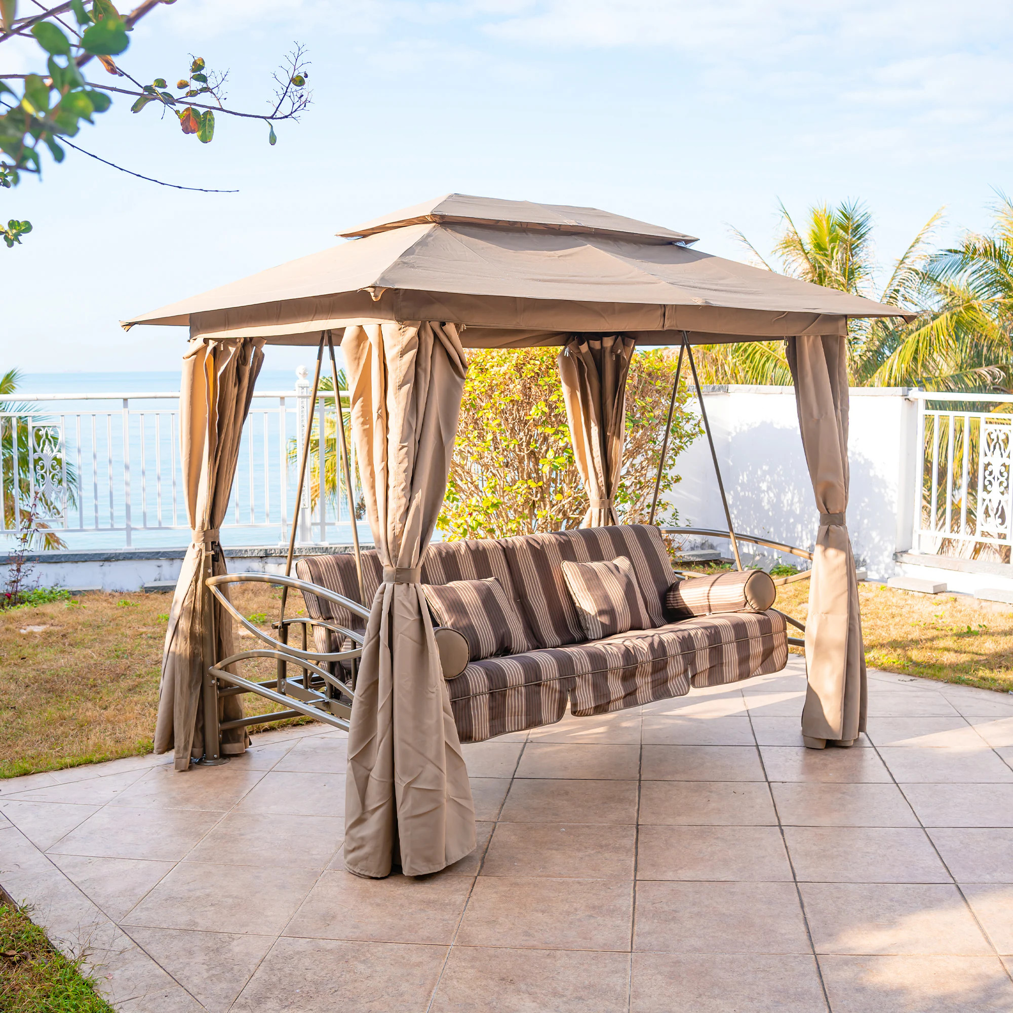PURPLE LEAF Deluxe Outdoor Patio Porch Swing 3 -person Bronze Aluminum Outdoor Swing bed Polyester one_size | LS01BNGS-1 | Lowe's