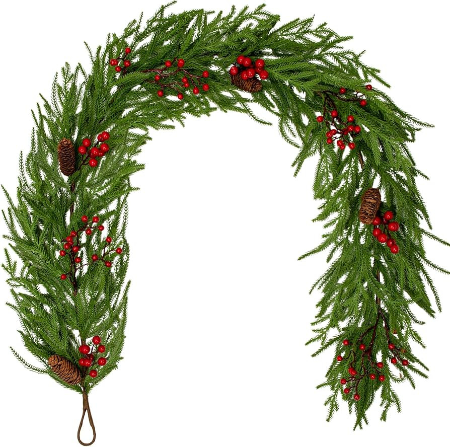 Hollyone 6FT Norfolk Pine Garland Real Touch Winter Pine Garland with Red Berry Christmas Garland... | Amazon (US)