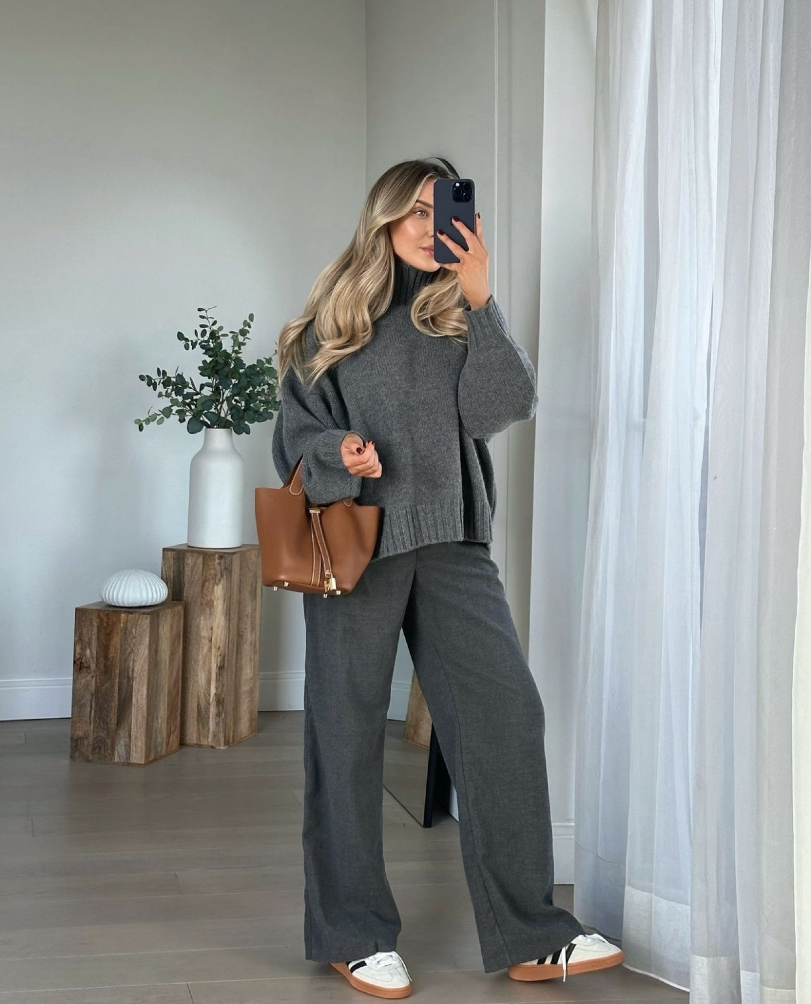 Grey styled with tan is a great Autumn colour palette! 🩶 Cosy roll neck chunky jumper, dressed up with tailored trousers but going smart cas with my Adidas sambas

#LTKworkwear #LTKautumn