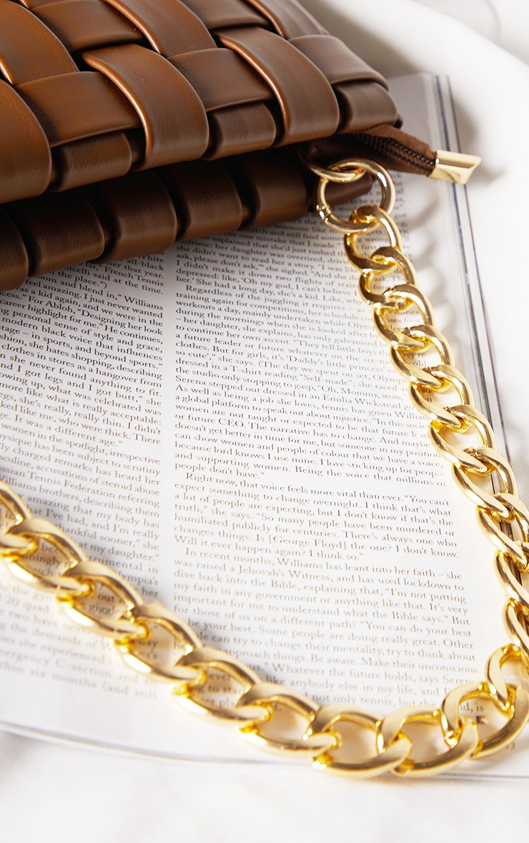 Chocolate Oversized Weave With Gold Chain Shoulder Bag | PrettyLittleThing US